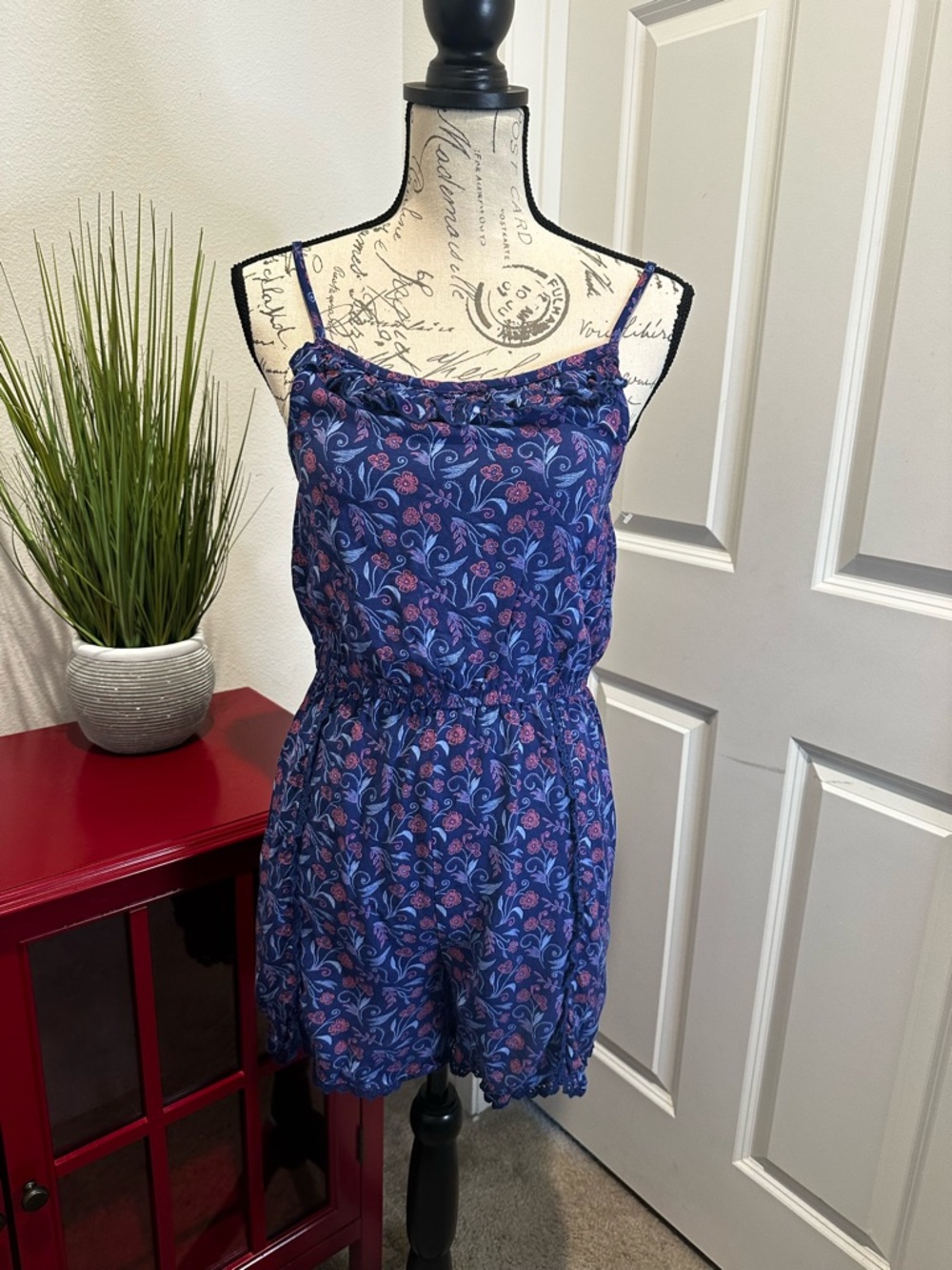 BLUSH by Us Angels Blue Floral Spaghetti-Strap Romper with Pink Accents
